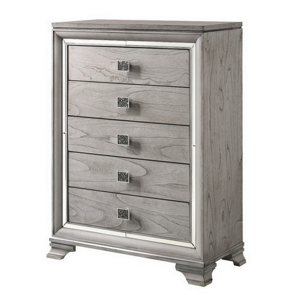Tall Dresser Chest | 5 Drawer | Square Crystal Knobs | Gray & Silver