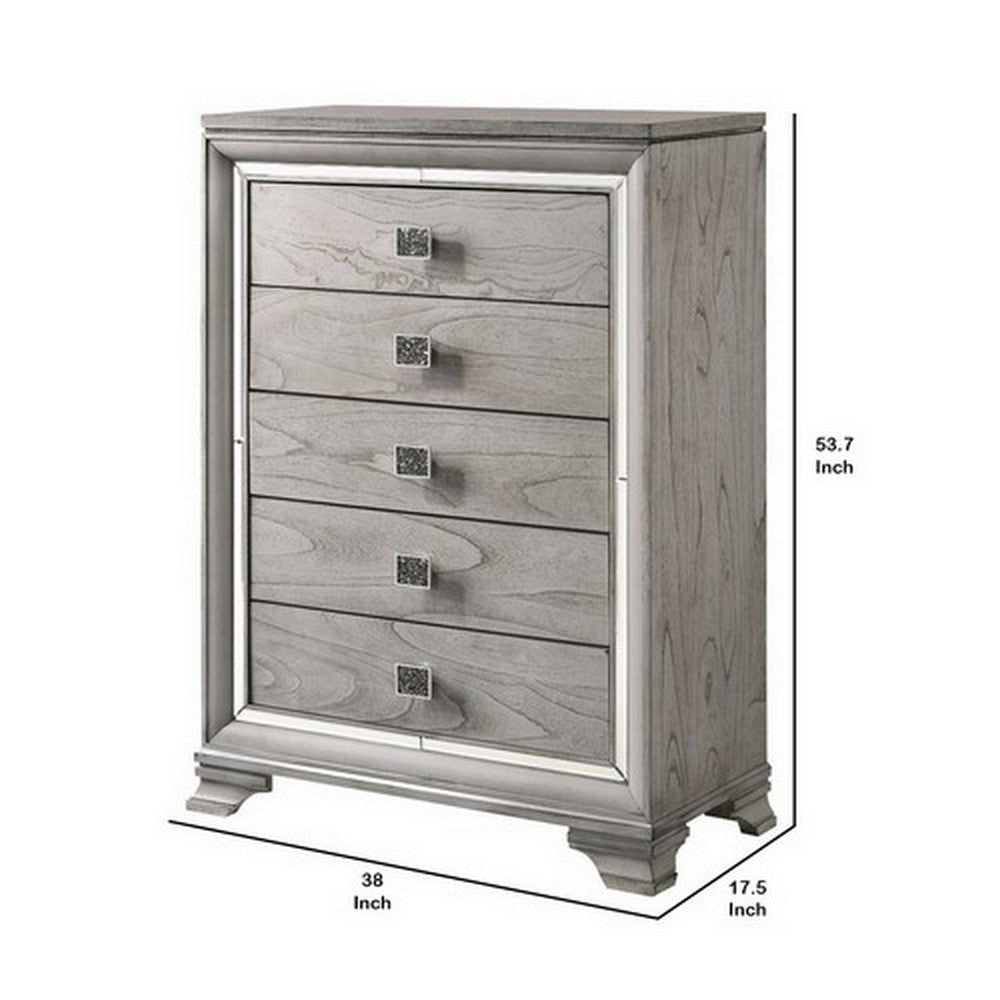 5 Drawers Wooden Frame Chest with Square Crystal Knobs Gray and Silver By Casagear Home BM215120