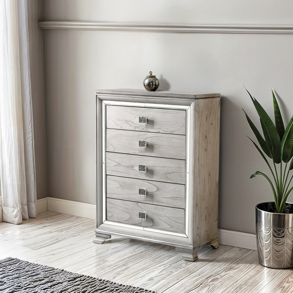 5 Drawers Wooden Frame Chest with Square Crystal Knobs Gray and Silver By Casagear Home BM215120