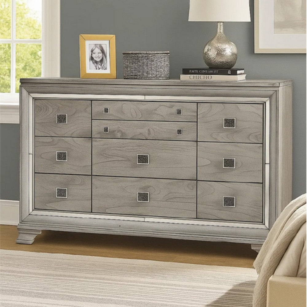 Beaded Wooden Frame Dresser with 10 Drawers, Gray and Silver