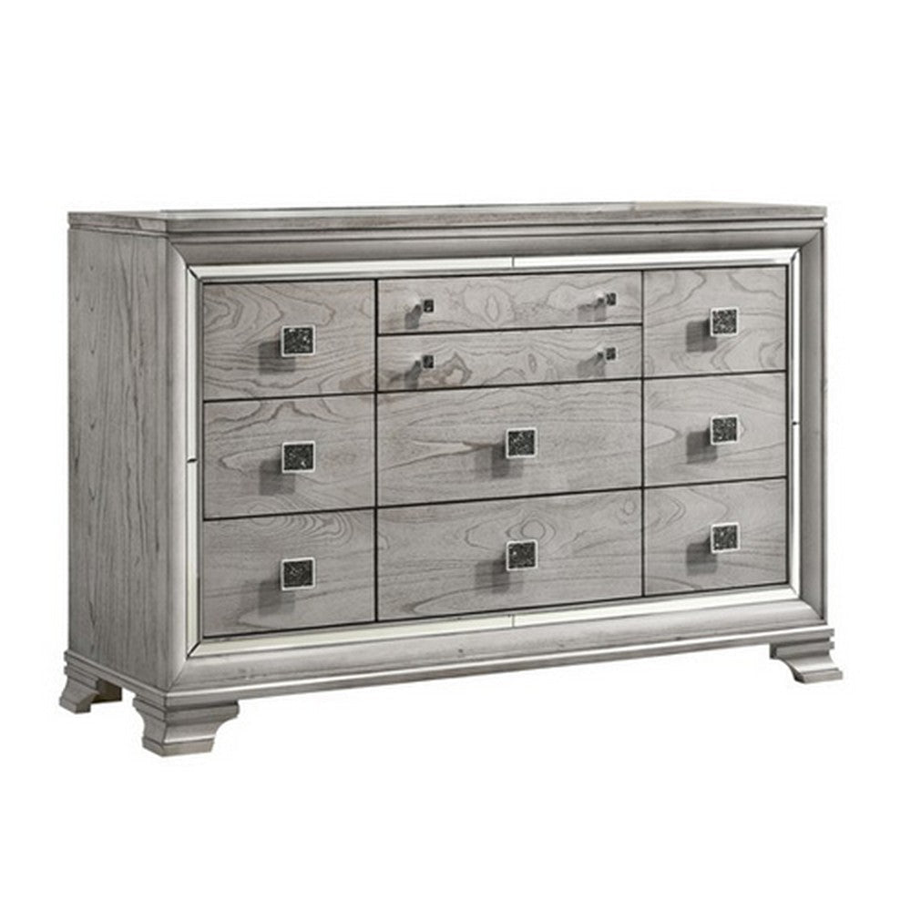 Beaded Wooden Frame Dresser with 10 Drawers, Gray and Silver By Casagear Home