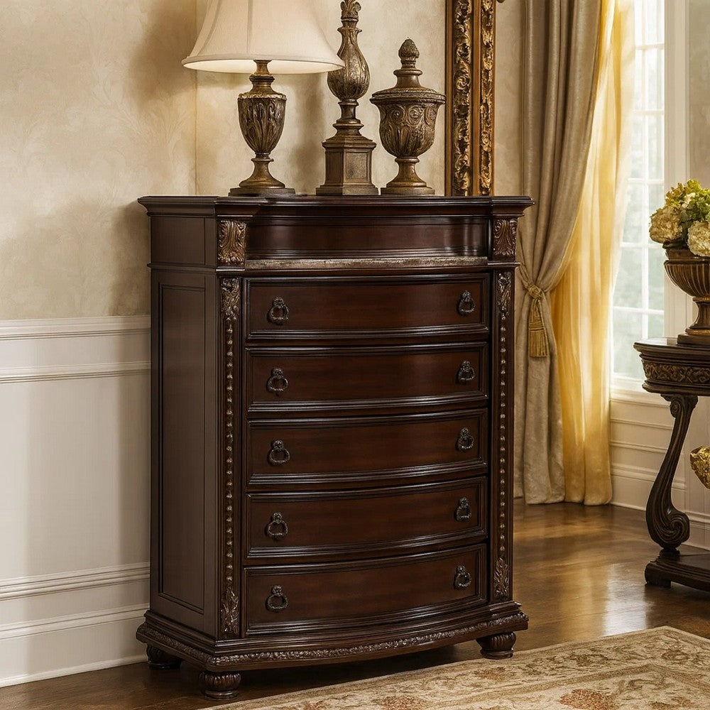 Tall Dresser Chest | 5 Drawer | Engraved Details | Bun Feet | Cherry Brown