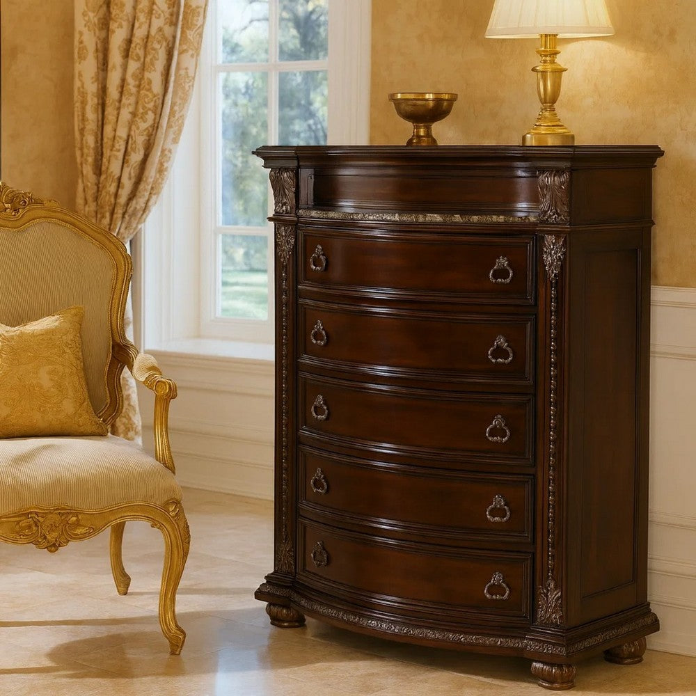 Tall Dresser Chest | 5 Drawer | Engraved Details | Bun Feet | Cherry Brown
