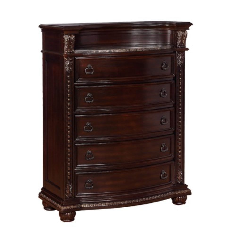 5 Drawers Wooden Chest with Engraved Details and Bun Feet, Cherry Brown By Casagear Home