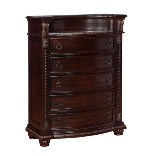 5 Drawers Wooden Chest with Engraved Details and Bun Feet, Cherry Brown By Casagear Home