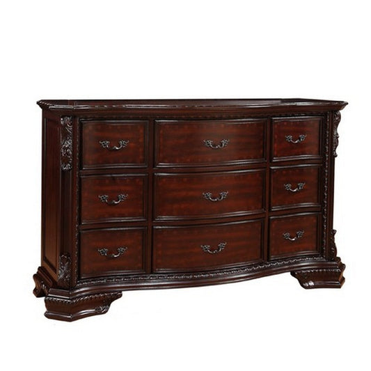 Dresser | 9 Drawer | Engraved Details | Bracket Feet | Cherry Brown