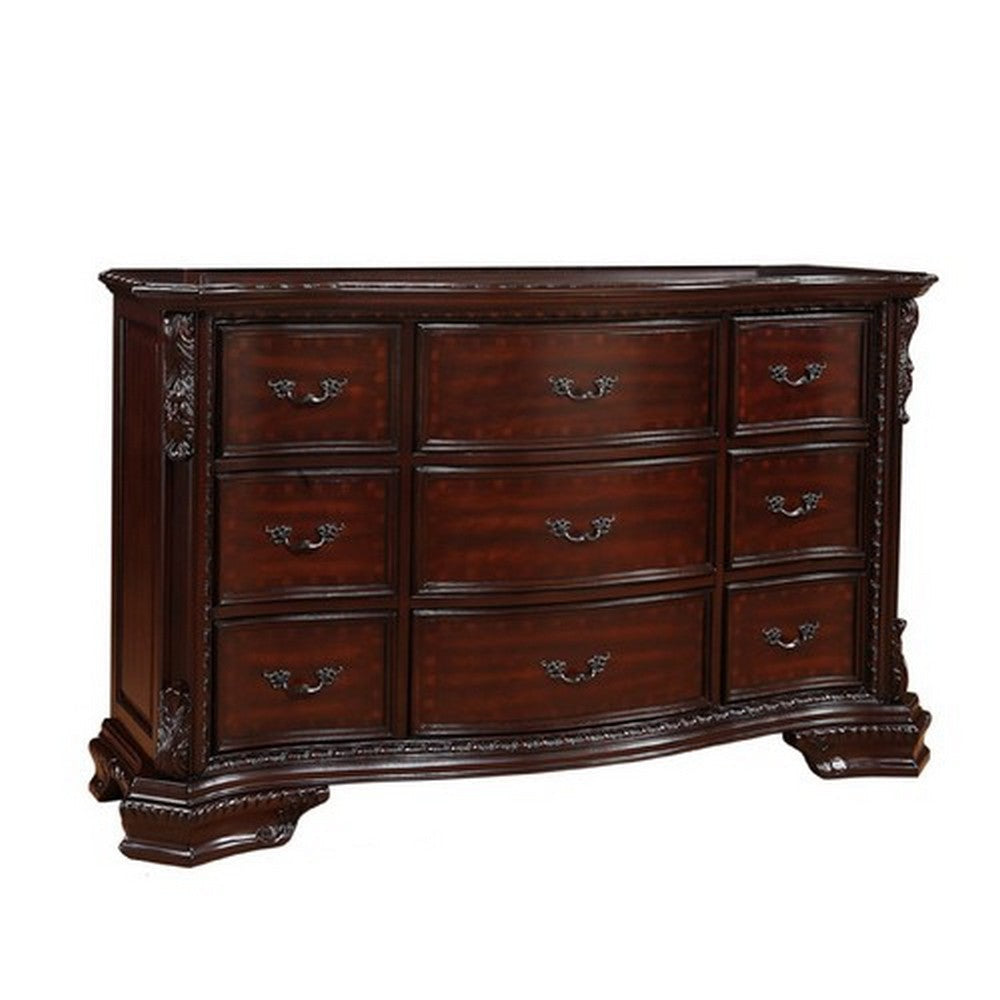 9 Drawers Dresser with Engraved Details and Bracket Feet, Cherry Brown By Casagear Home