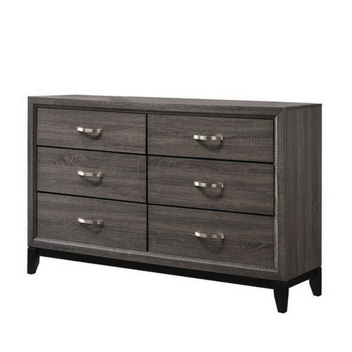 Transitional Style Dresser with 6 Drawers and Metal Pulls, Gray and Black