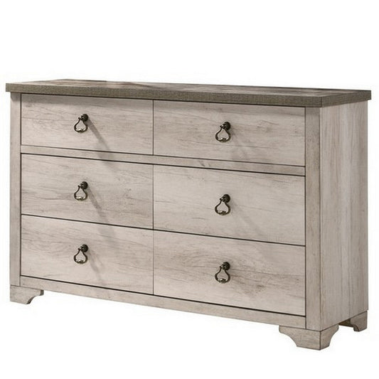 6 Drawer Wooden Dresser with Metal Ring Pulls, Weathered Brown By Casagear Home