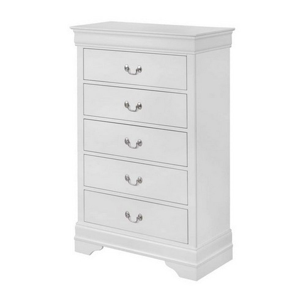 5 Drawer Transitional Chest with Bracket Feet and Hanging Pull, White