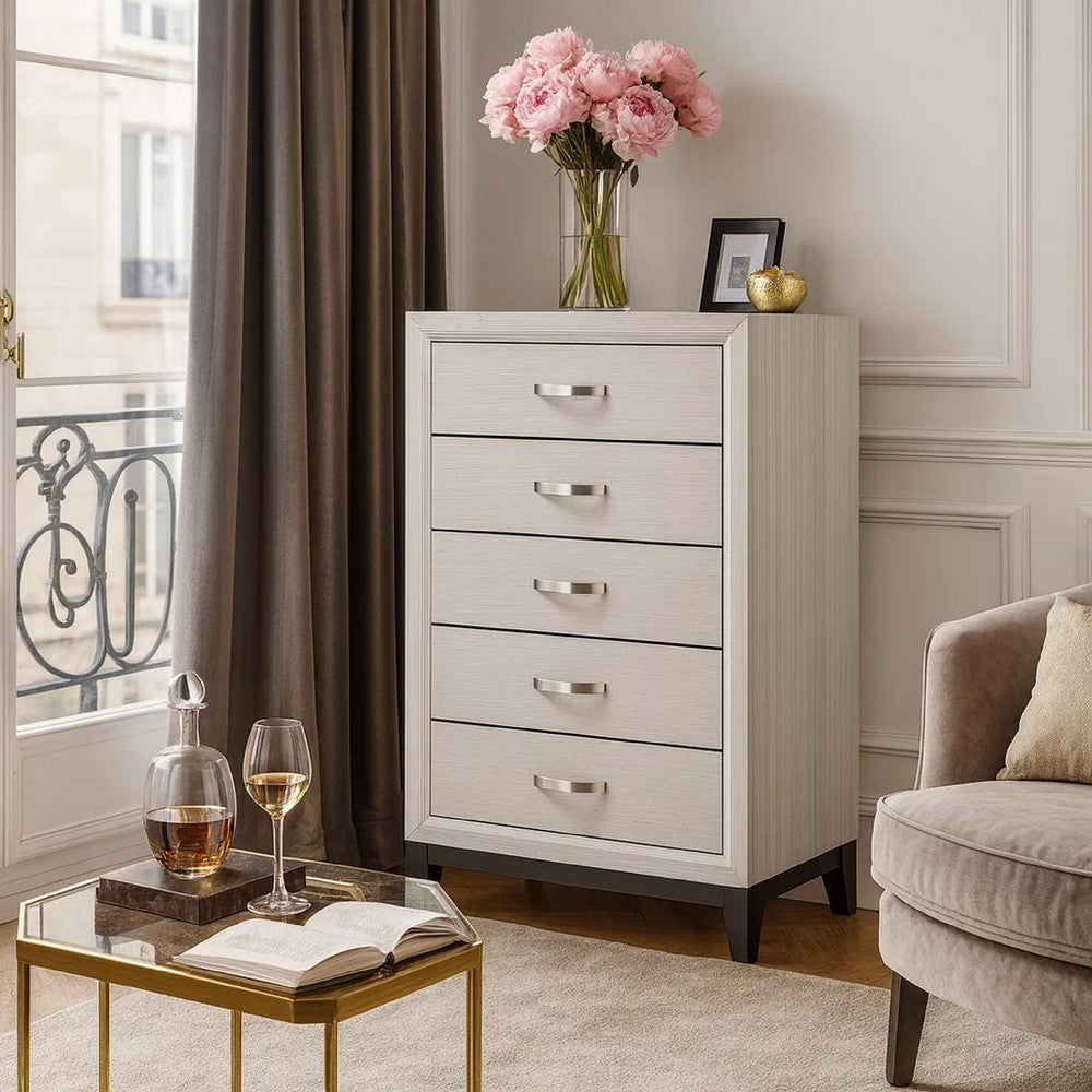 Tall Dresser Chest | 5 Drawer | Curved Handle | Chamfered Feet | White