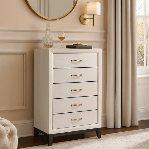 Tall Dresser Chest | 5 Drawer | Curved Handle | Chamfered Feet | White