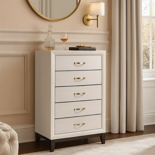 Tall Dresser Chest | 5 Drawer | Curved Handle | Chamfered Feet | White