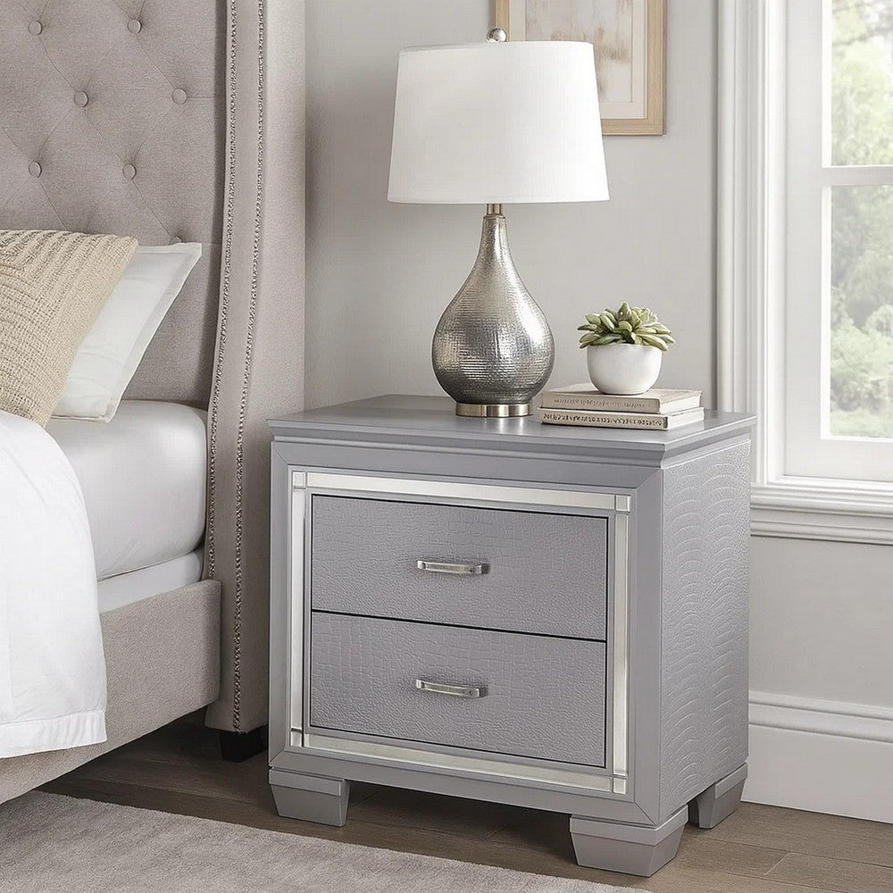 Nightstand | 2 Drawer | Textured | Mirror Accents | Gray