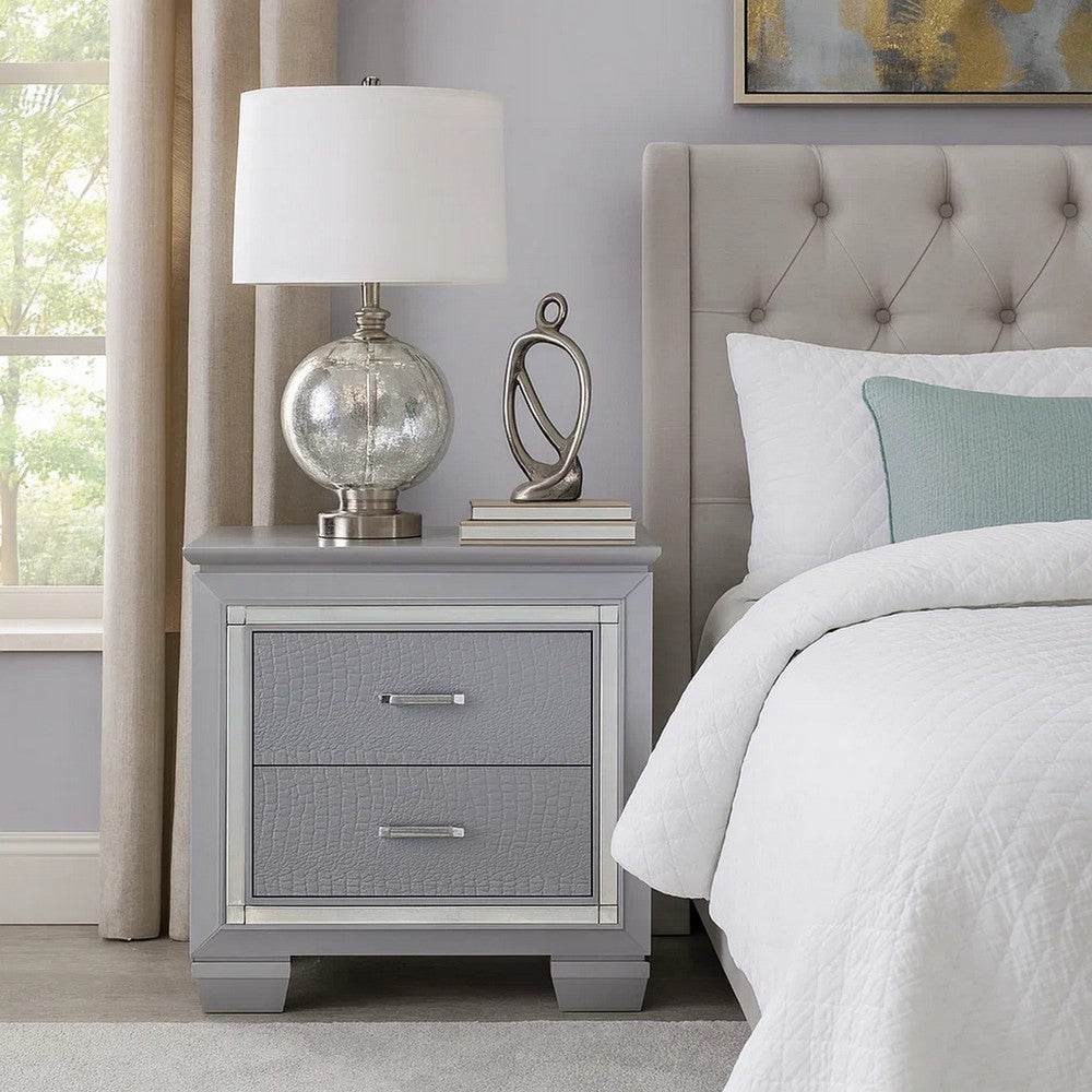 Nightstand | 2 Drawer | Textured | Mirror Accents | Gray
