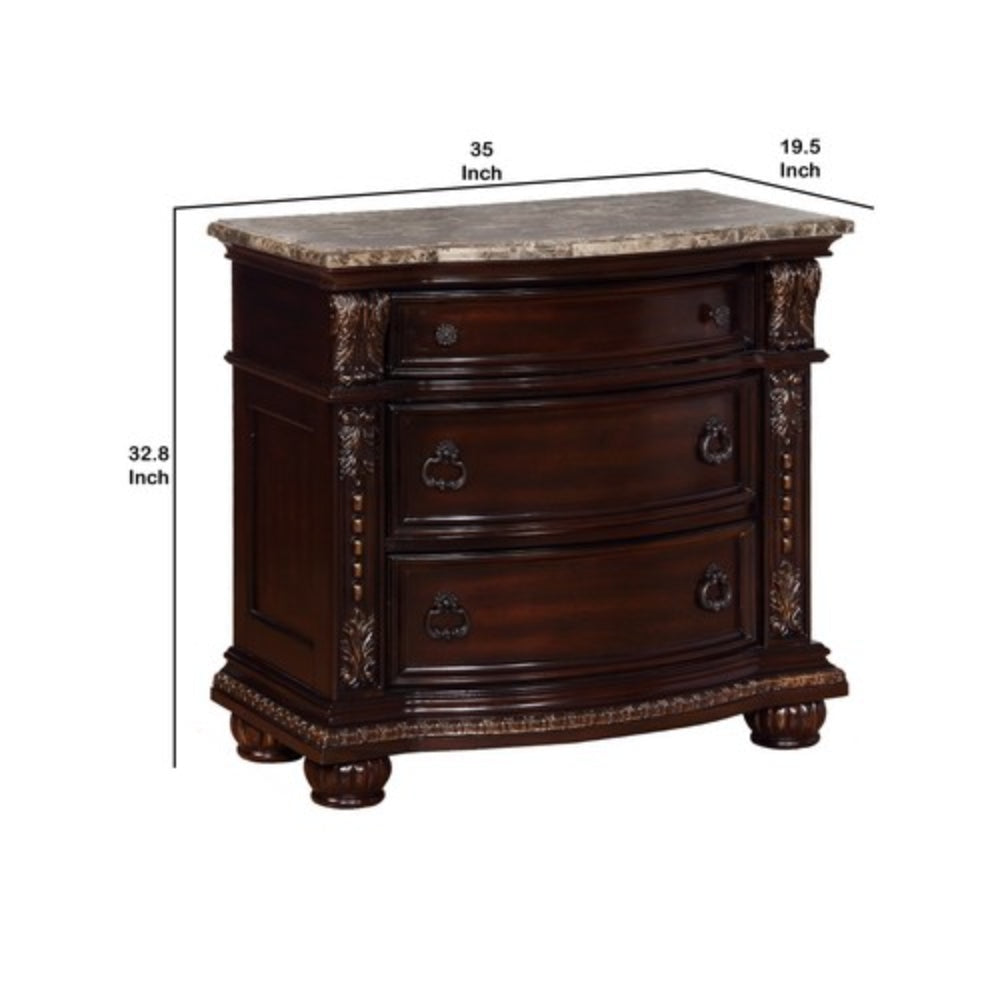 3 Drawer Marble Top Nightstand with Bun Feet Brown By Casagear Home BM215400