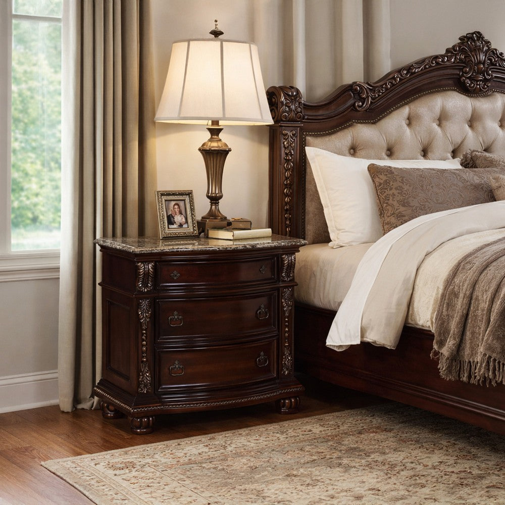 Sany Wooden Nightstand with Three Spacious Drawers and Bun Feet, Cherry Brown