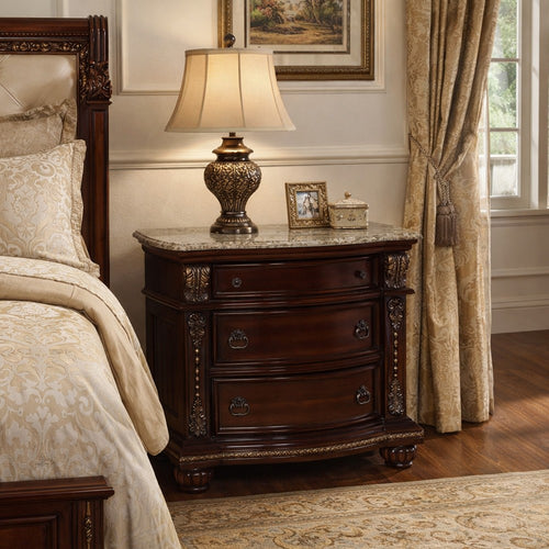 Sany Wooden Nightstand with Three Spacious Drawers and Bun Feet, Cherry Brown