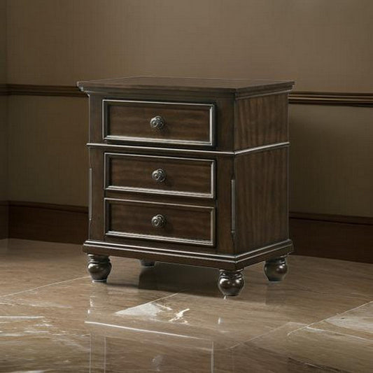 3 Drawer Nightstand with Molded Details and Knobs, Brown By Casagear Home