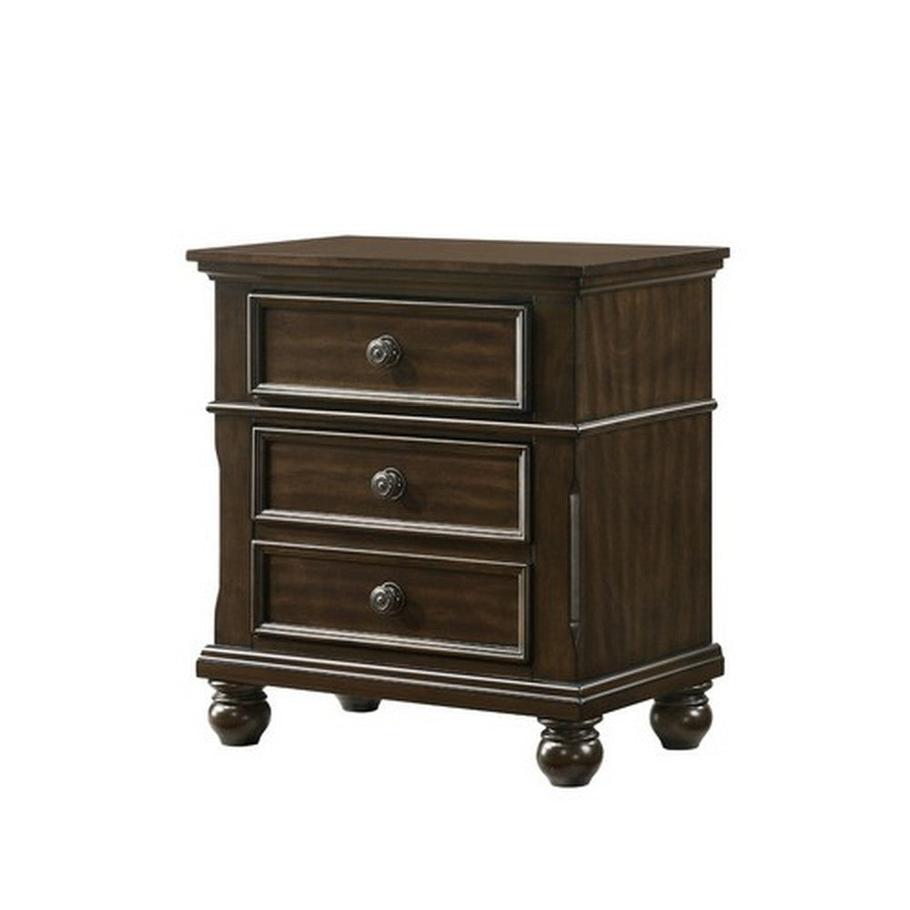 3 Drawer Nightstand with Molded Details and Knobs Brown By Casagear Home BM215468