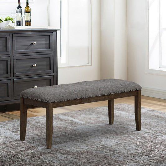Bench | Nailhead Trim | Button Tufted | Fabric Upholstered | Brown Gray