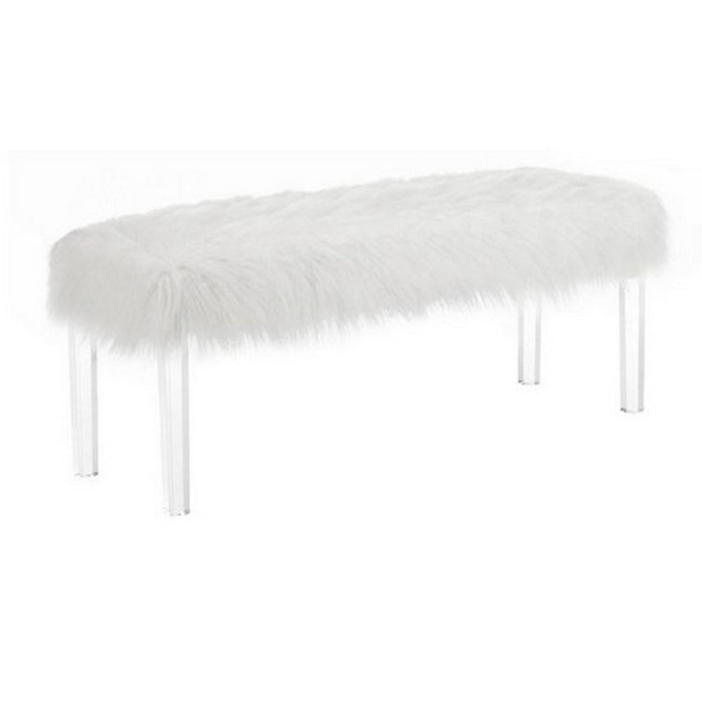 Contemporary Bench with Faux Fur Seat and Acrylic Legs White and Clear By Casagear Home BM215475