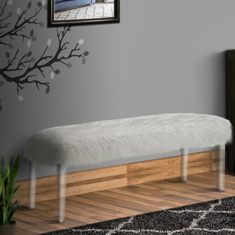 Contemporary Bench | Faux Fur Seat | Acrylic Legs | White & Clear