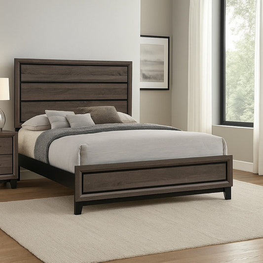 Transitional Queen Bed with Plank Panel Headboard and Low Footboard, Gray