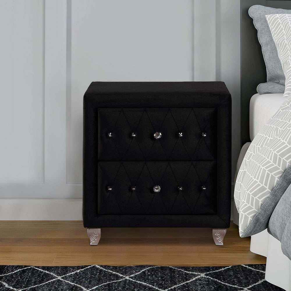 Fabric Upholstered Wooden Nightstand with Two Drawers, Black by Casagear Home