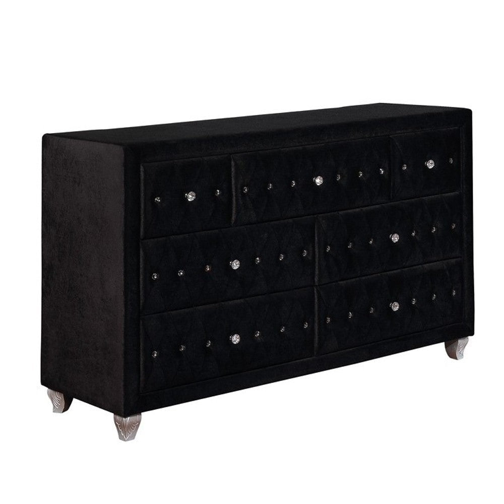 Fabric Upholstered Wooden Dresser with Seven Drawers, Black By Casagear Home