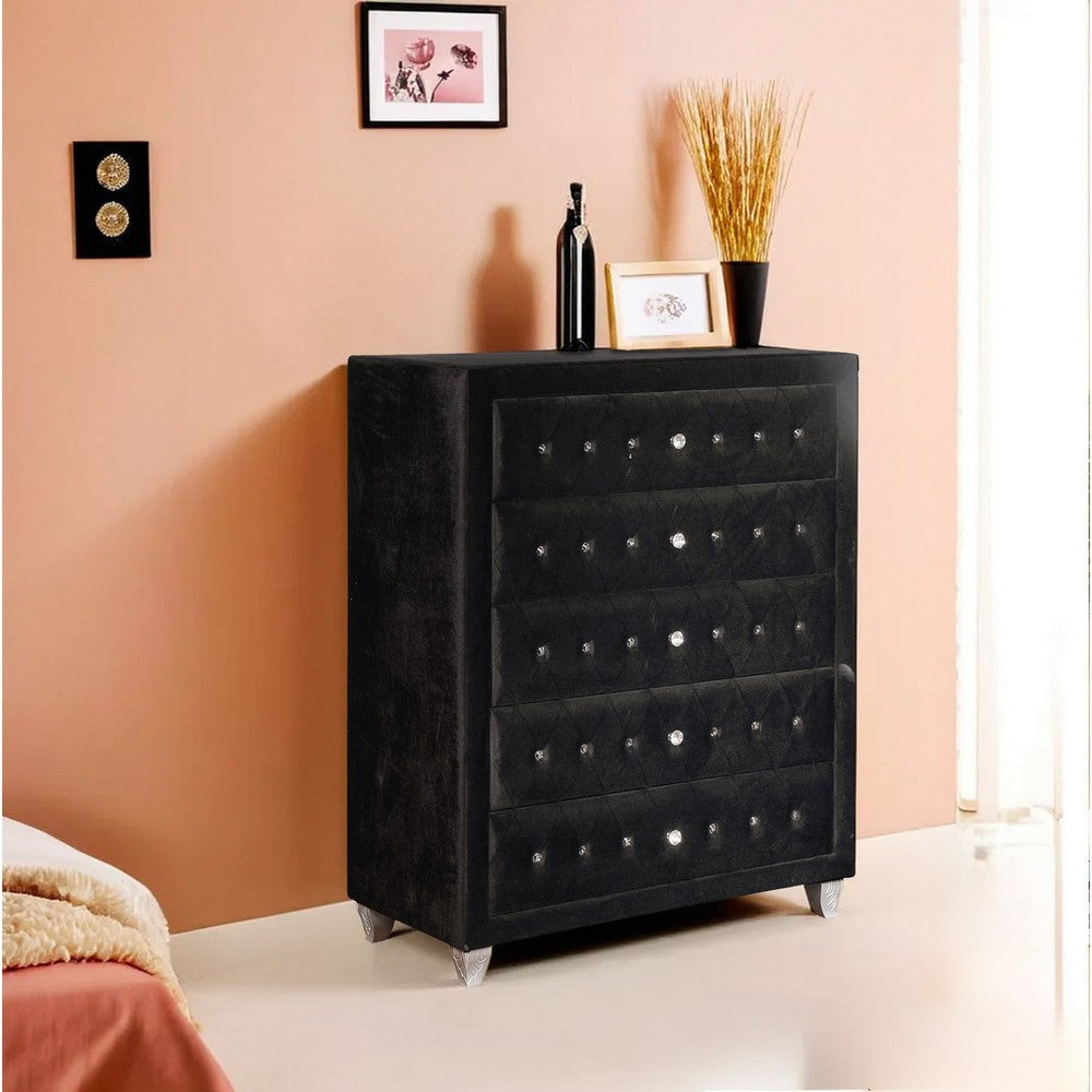 Fabric Upholstered Wooden Chest with Five Drawers Black By Casagear Home BM215565