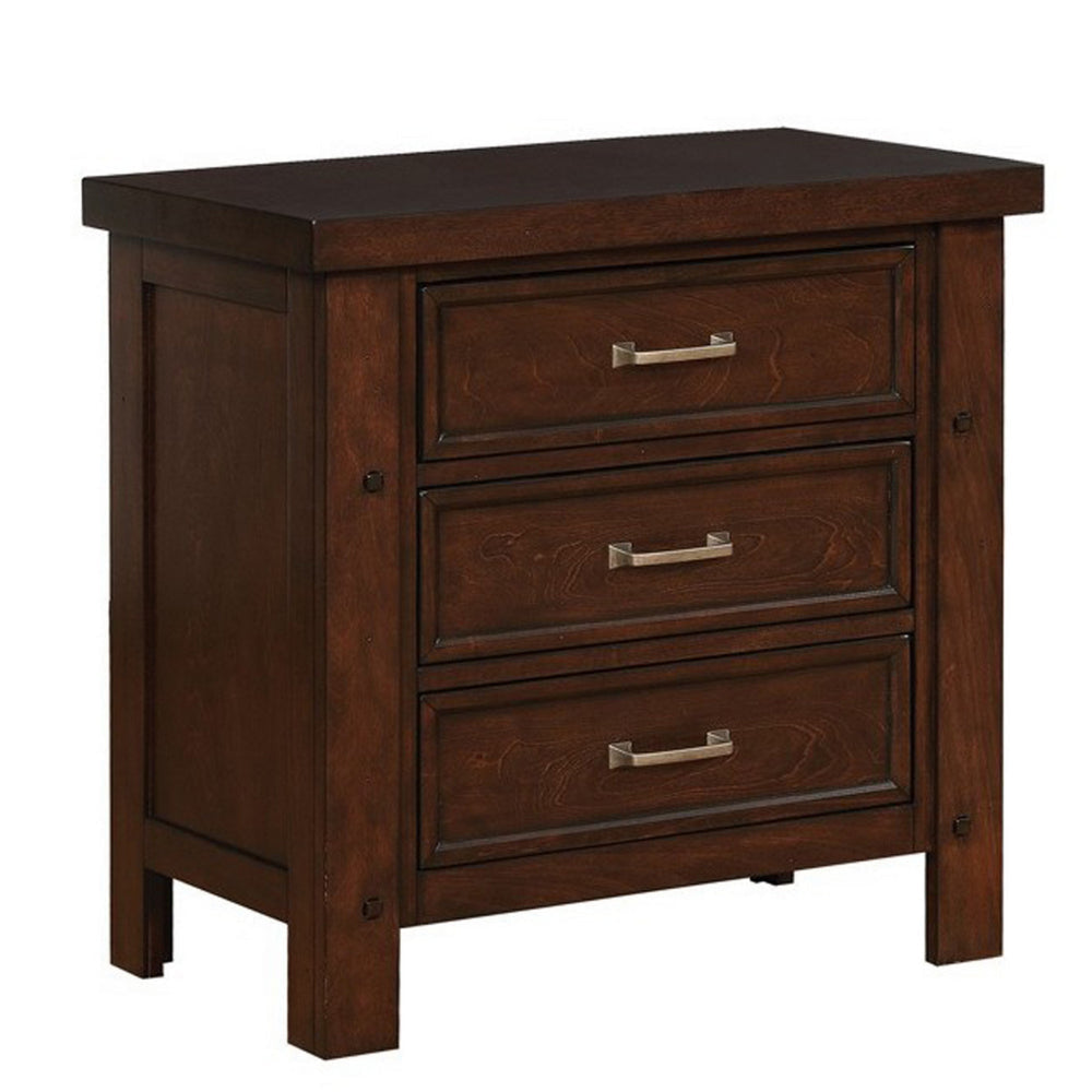 Wooden Nightstand with Three Storage Drawers and Grain Details, Brown by Casagear Home