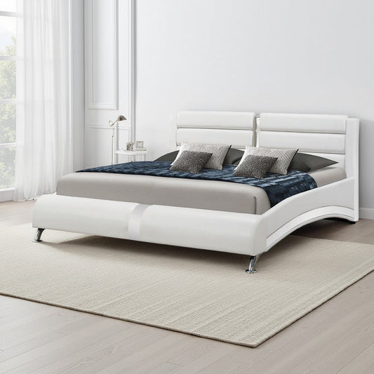 Contemporary Leatherette Eastern King Bed with Chrome Accents, White