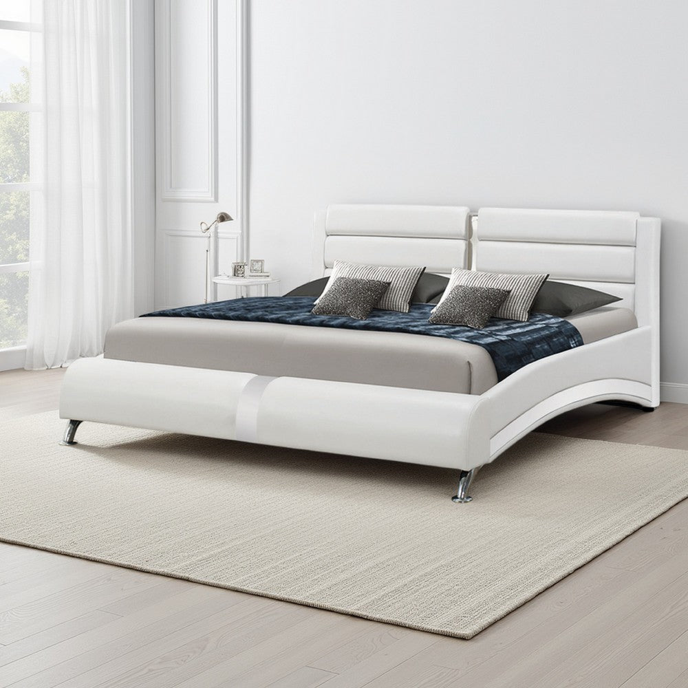 Contemporary Leatherette Eastern King Bed with Chrome Accents, White