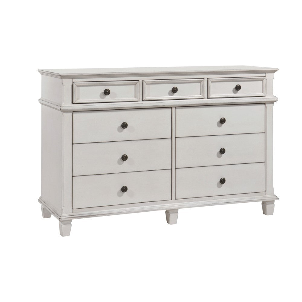 9 Drawer Farmhouse Style Dresser with Metal Knobs and Tapered Feet, White By Casagear Home