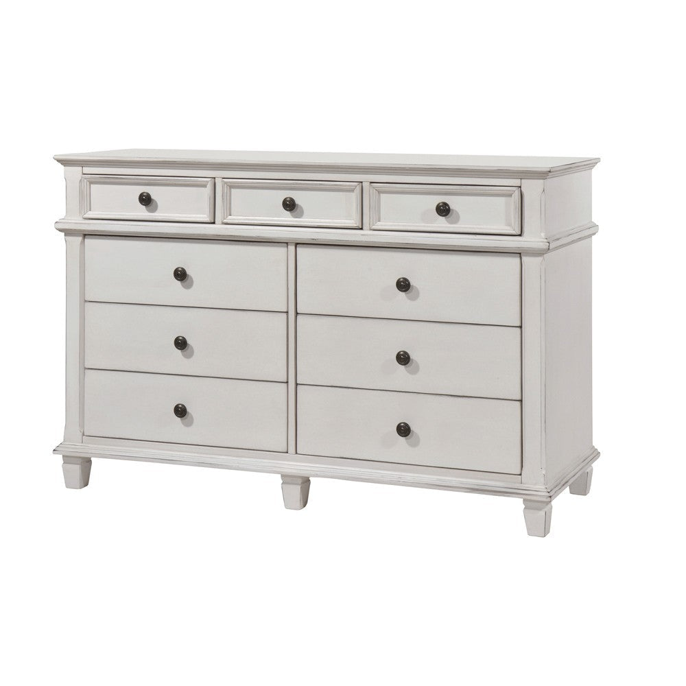 9 Drawer Farmhouse Style Dresser with Metal Knobs and Tapered Feet White By Casagear Home BM215848