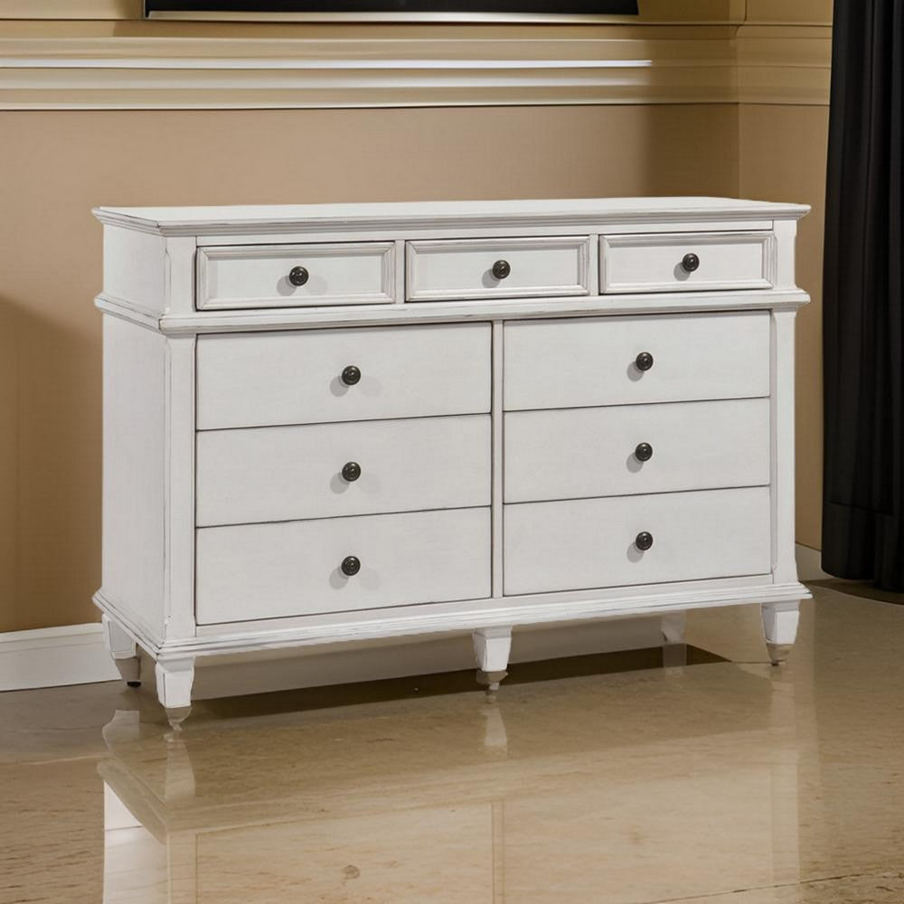 9 Drawer Farmhouse Style Dresser with Metal Knobs and Tapered Feet White By Casagear Home BM215848