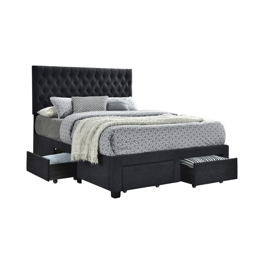 Fabric Upholstered Wooden Eastern King Size Bed with Bottom Drawers, Black