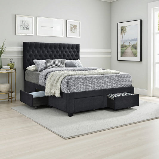 Fabric Upholstered Wooden Eastern King Size Bed with Bottom Drawers, Black