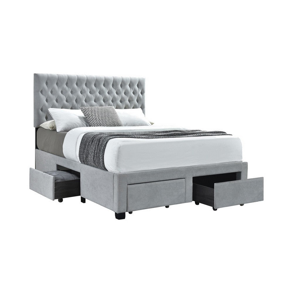 Fabric Upholstered Bed | Wood Frame | Full Size | Bottom Drawers | Gray