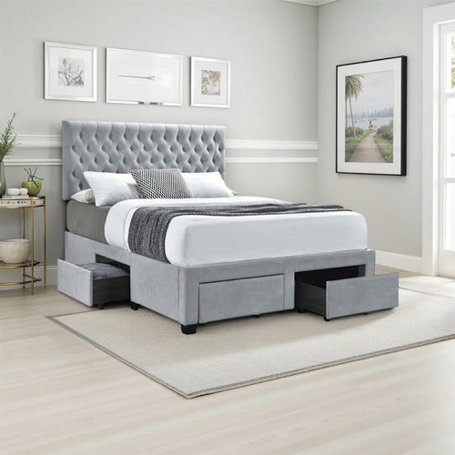 Fabric Upholstered Wooden Queen Size Bed with Bottom Drawers, Gray