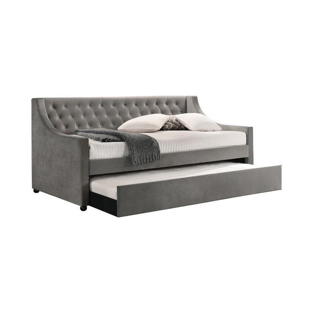 Fabric Upholstered Wooden Twin Daybed with Crystal Button Tufting, Gray By Casagear Home