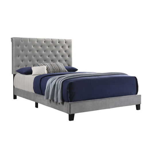 Fabric Upholstered Eastern King Bed with Scroll Headboard Design, Gray By Casagear Home