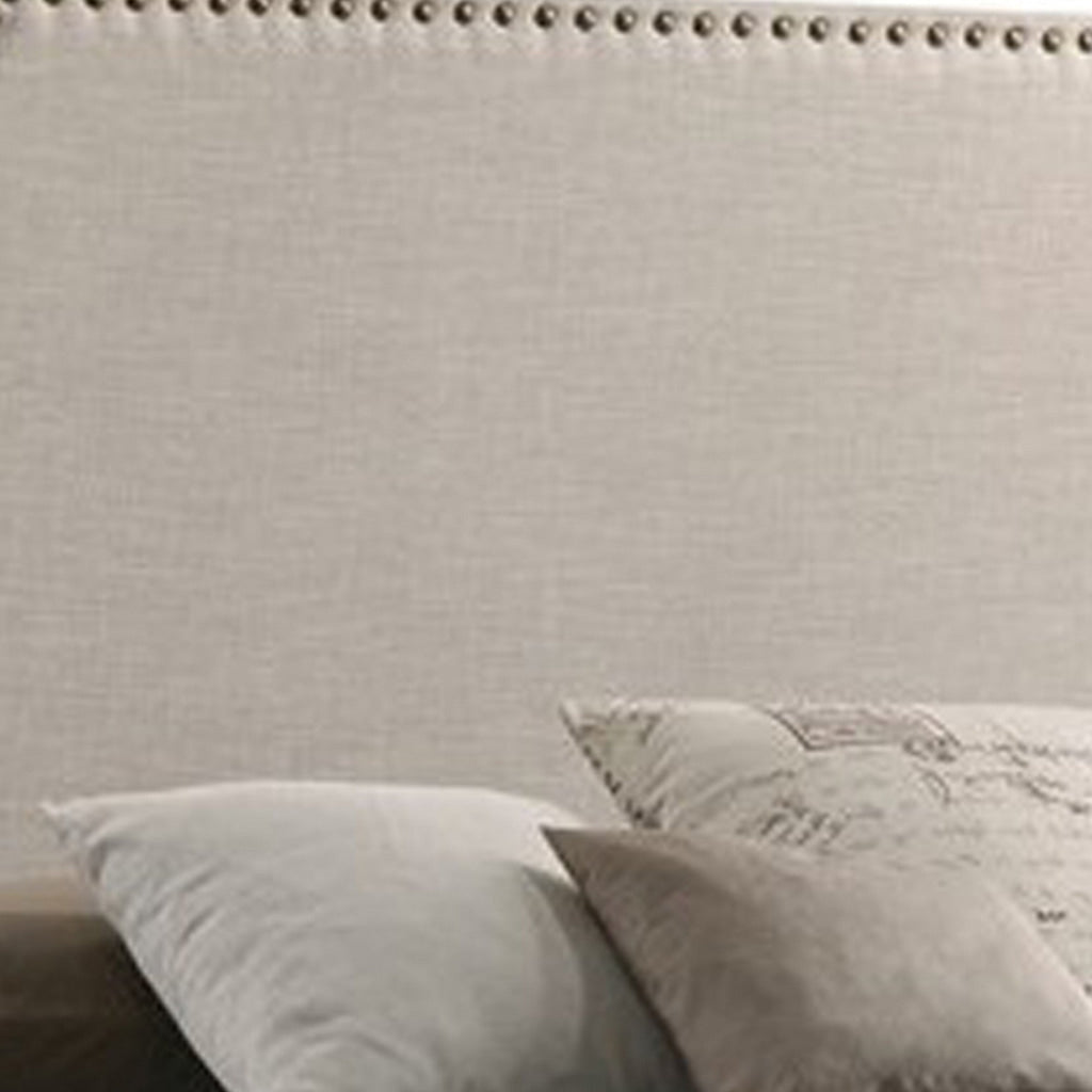 Fabric Upholstered Wooden Queen Size Bed with Nailhead Trims Beige BM215886