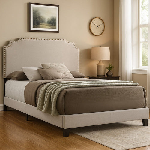 Fabric Upholstered Wooden Queen Size Bed with Nailhead Trims Beige BM215886