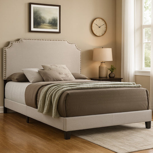 Fabric Upholstered Wooden Queen Size Bed with Nailhead Trims Beige BM215886