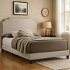 Fabric Upholstered Wooden Queen Size Bed with Nailhead Trims, Beige