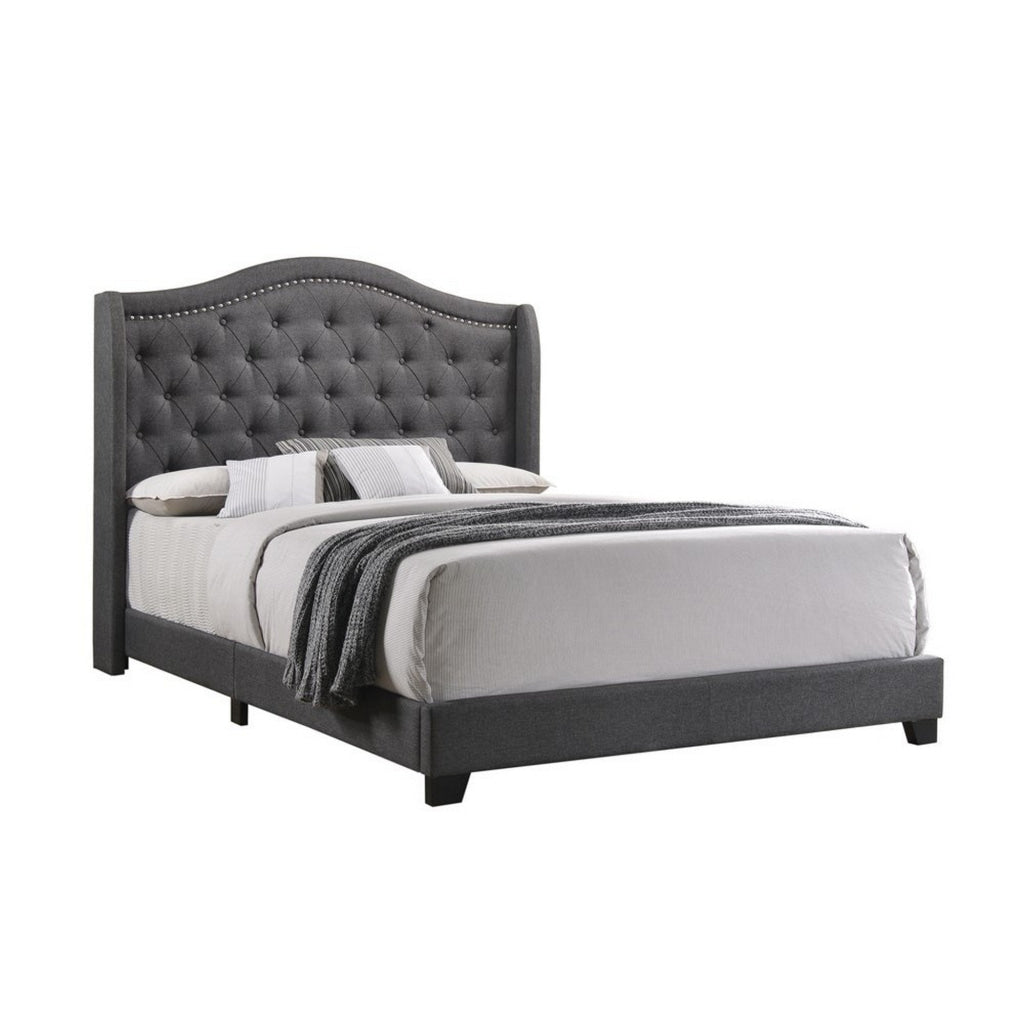 Fabric Upholstered Wooden Demi Wing Full Bed with Camelback Headboard, Gray By Casagear Home