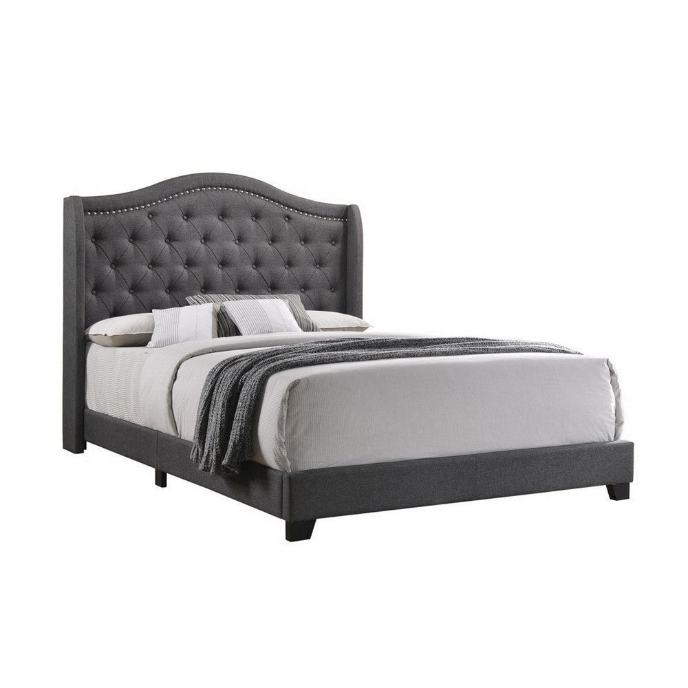 Fabric Upholstered Wooden Demi Wing Queen Bed with Camelback Headboard,Gray By Casagear Home
