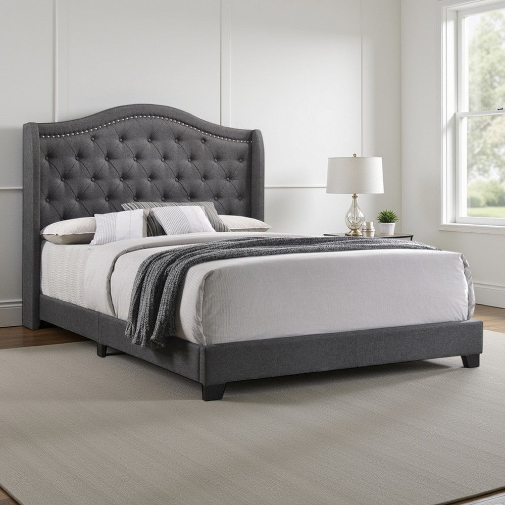 Fabric Upholstered Wooden Demi Wing Queen Bed with Camelback Headboard,Gray By Casagear Home